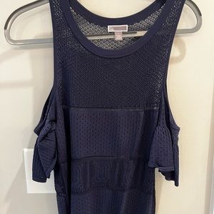 Navy blouse with off the shoulder ruffles by Chelsea 28